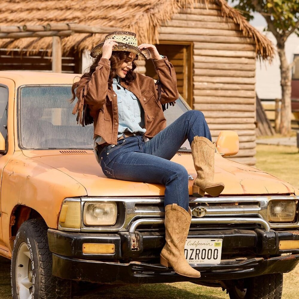 🆕Women Camel Faux Leather Western Cowgirl Chunky Heel Mid Calf Snip Toe Boots - Picture 9 of 10